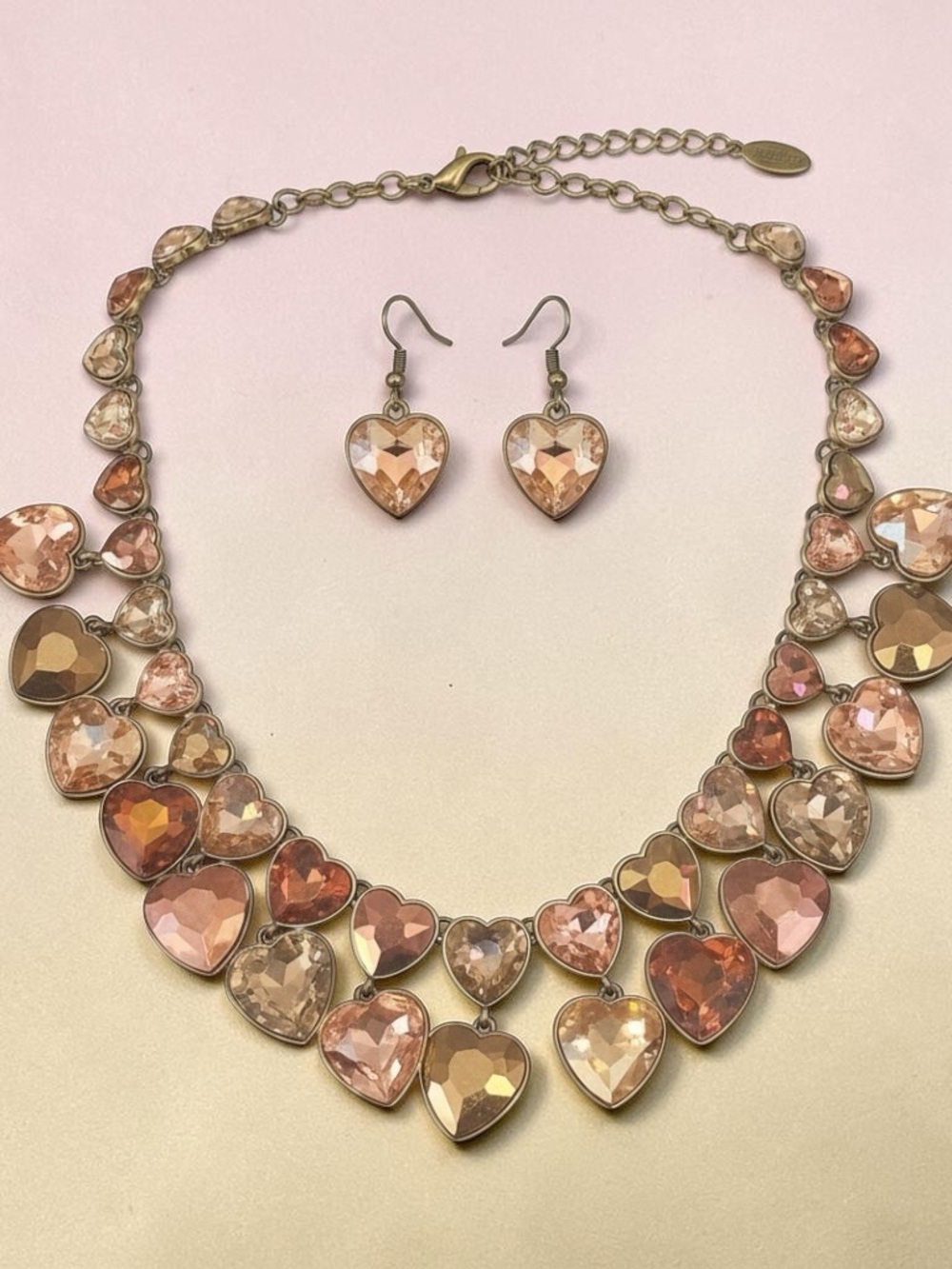 Rose Pink Heart Crystal Statement Necklace & Earring Set